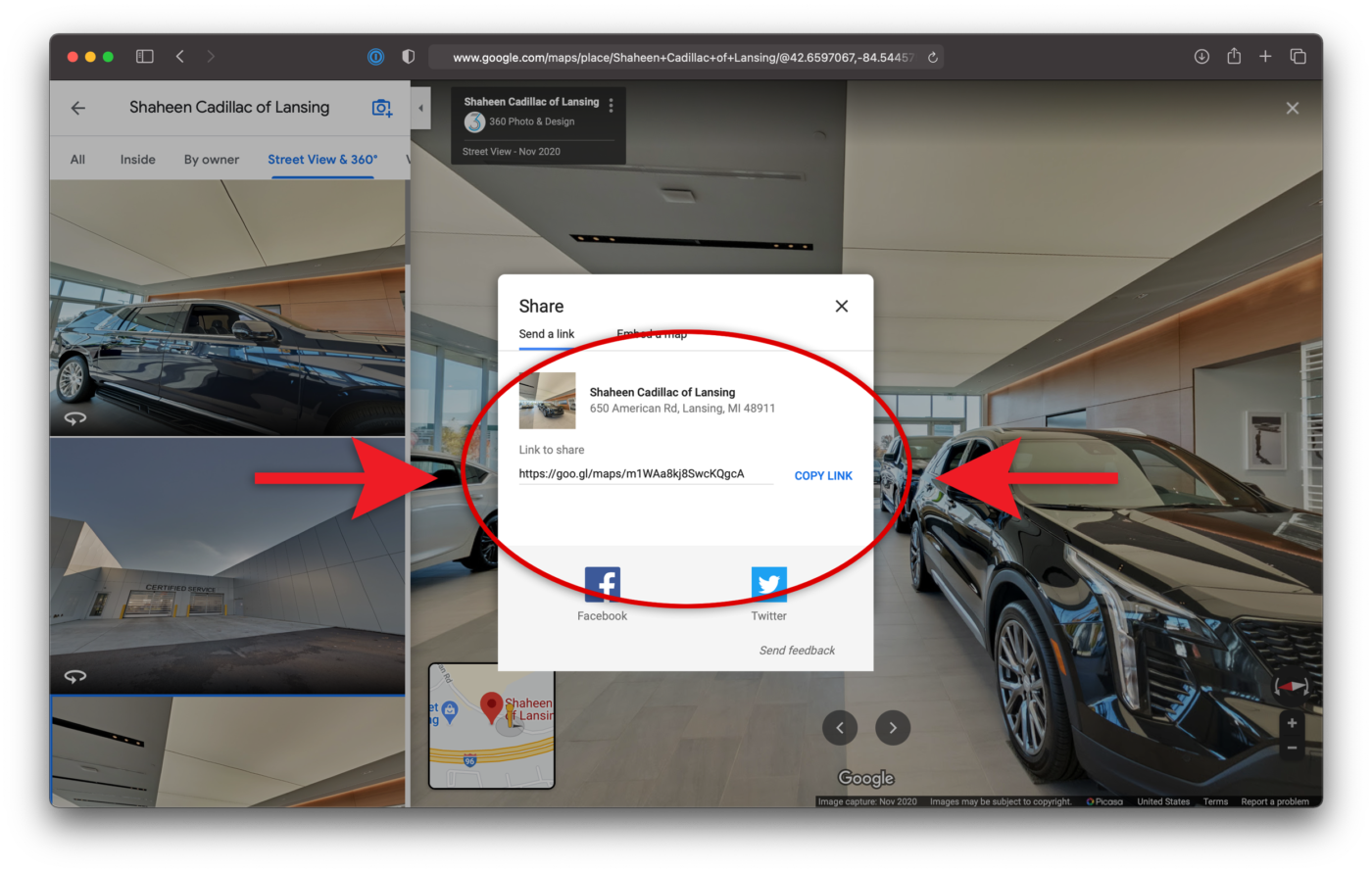 Share Direct Link Google Search Embed Google Maps Virtual Tour Shaheen Cadillac of Lansing Michigan